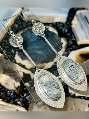 Long Vertical Drop Dendritic Opal Agate Earrings 3 1/2”